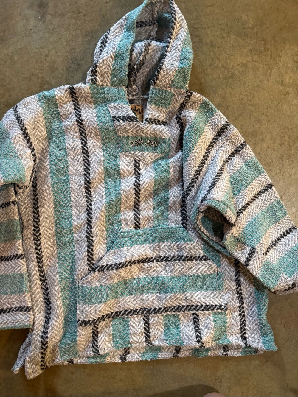 Striped Hooded Baja Pullover Hoodie in Teal and White